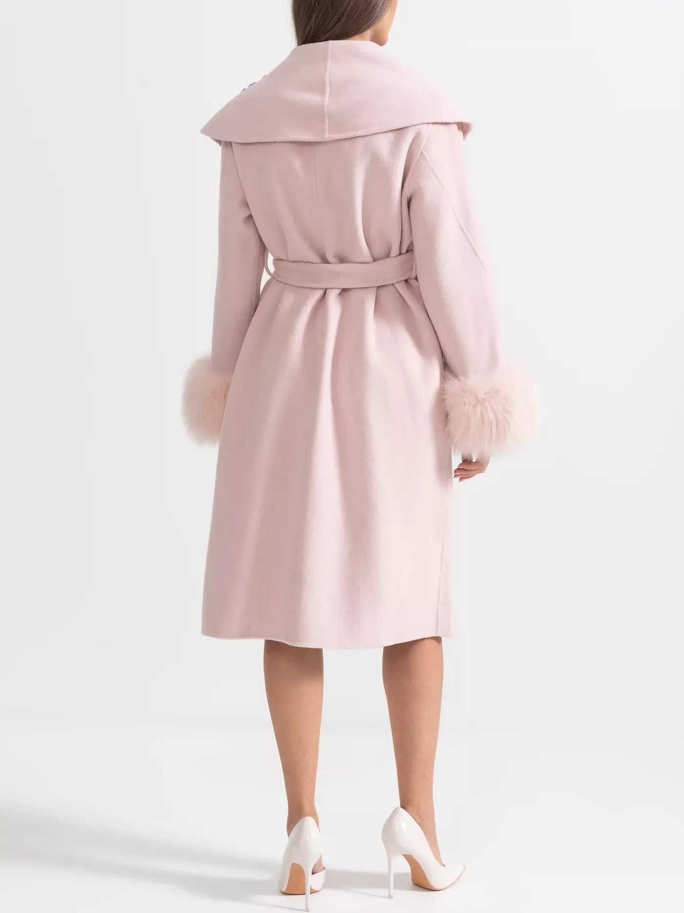 Crystal-Embellished Belted Wool Coat with Fur Cuffs in Pink - Coats