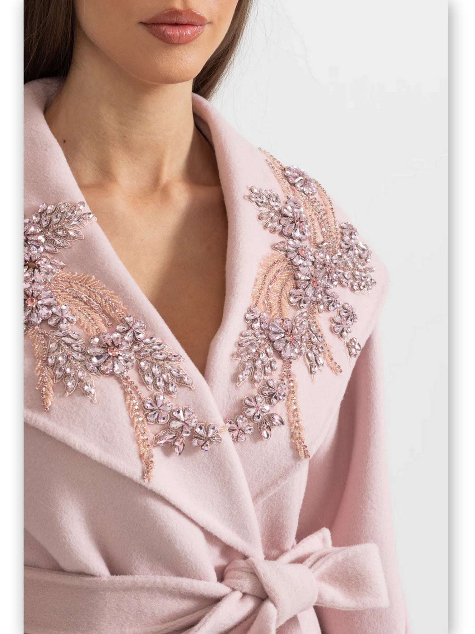 Crystal-Embellished Belted Wool Coat with Fur Cuffs in Pink - Coats