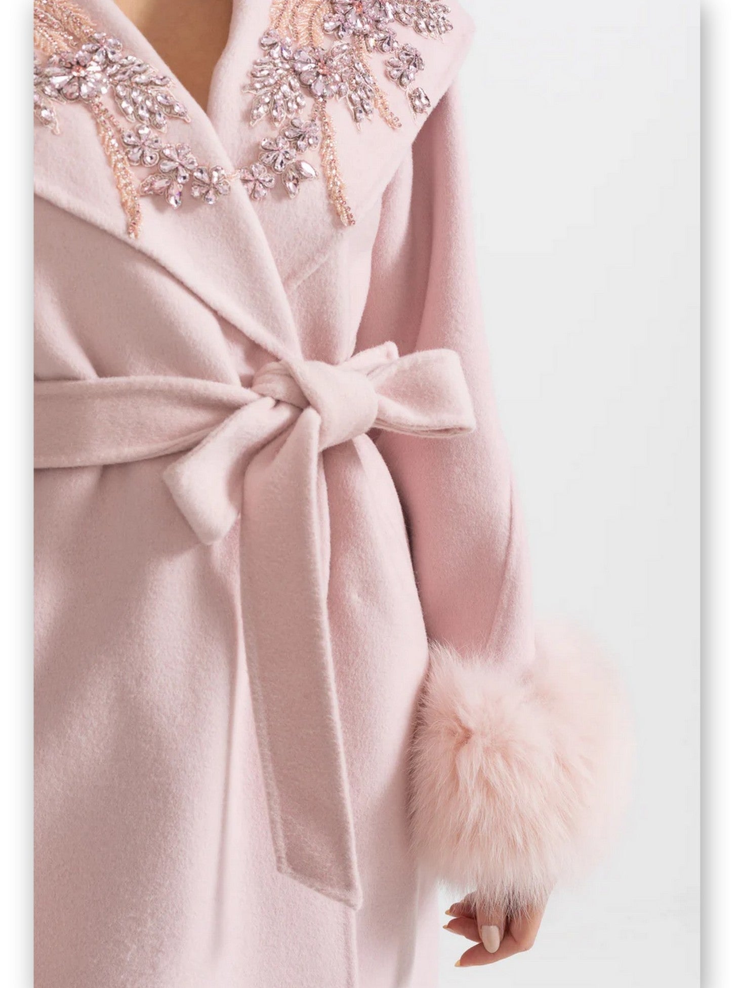 Crystal-Embellished Belted Wool Coat with Fur Cuffs in Pink - Coats