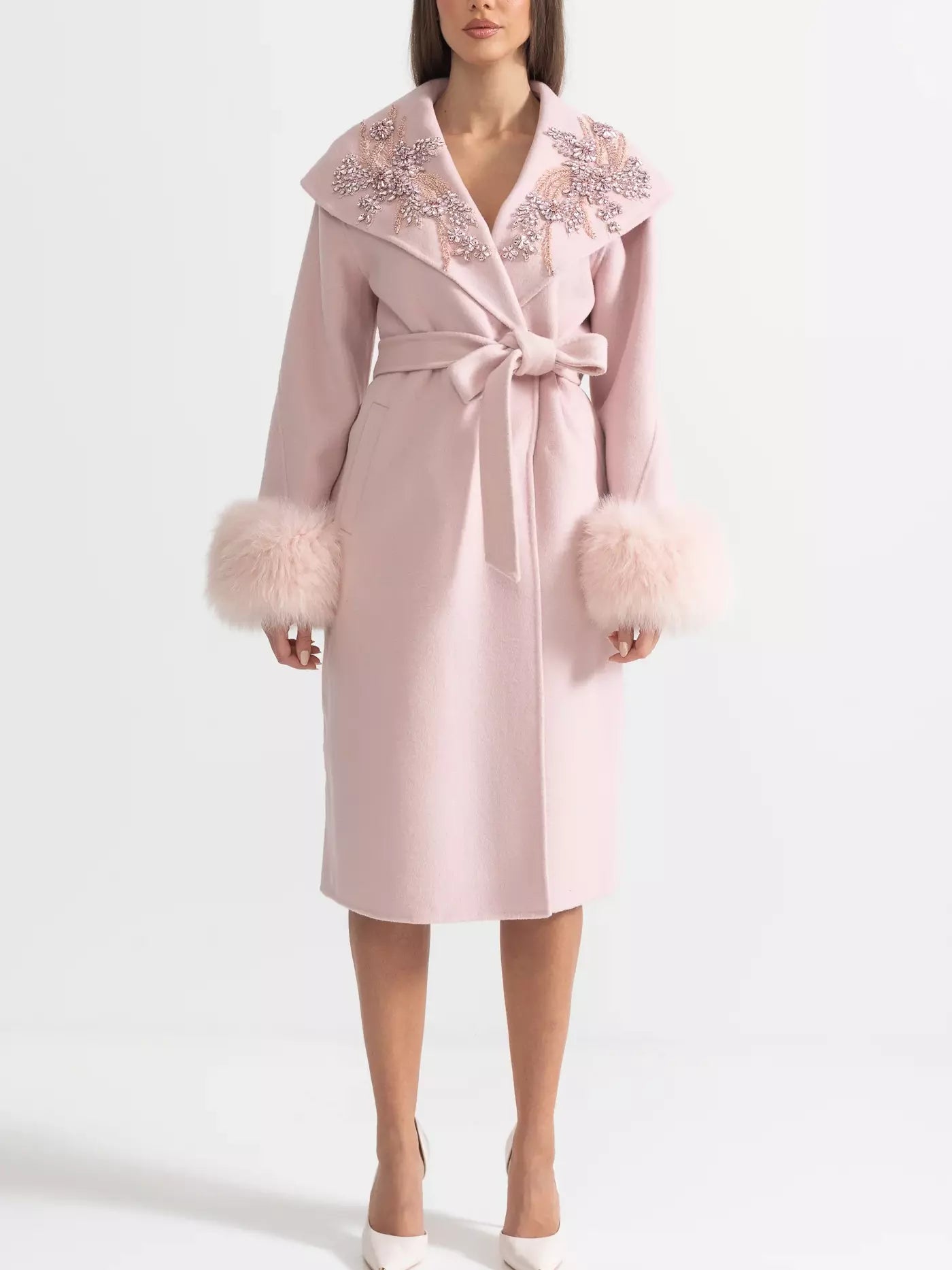 Crystal-Embellished Belted Wool Coat with Fur Cuffs in Pink - Coats