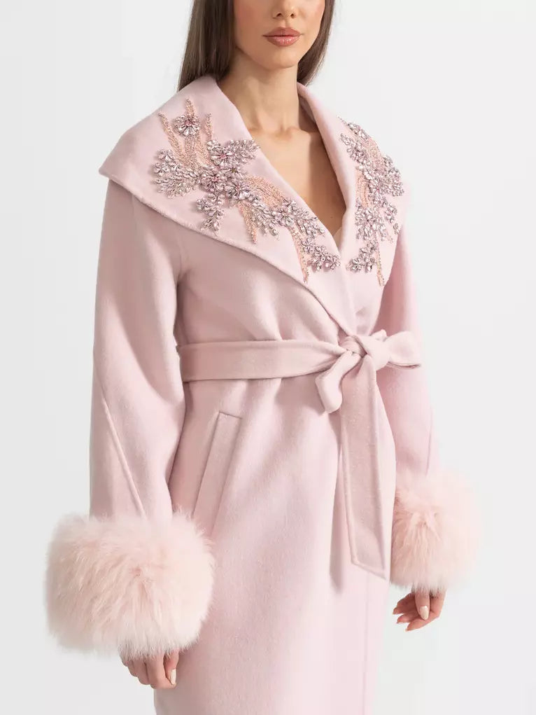 Crystal-Embellished Belted Wool Coat with Fur Cuffs in Pink - Coats