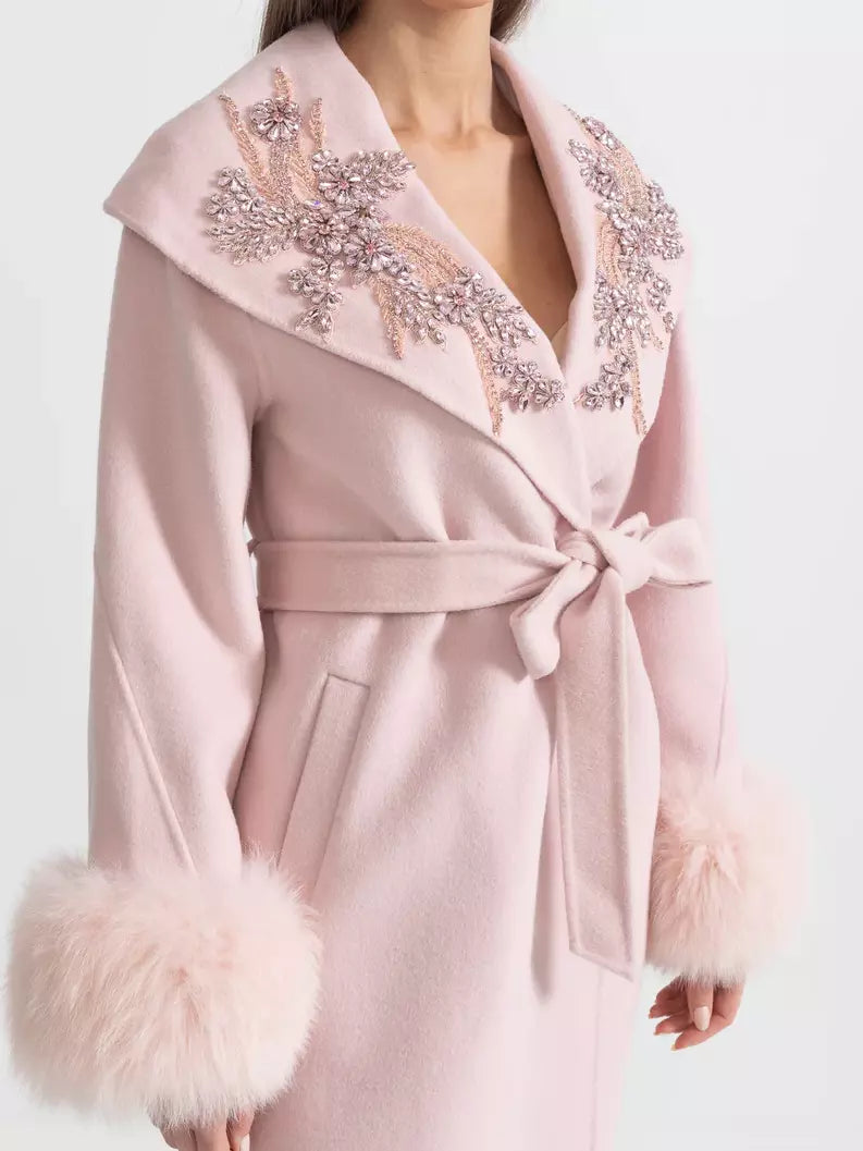 Crystal-Embellished Belted Wool Coat with Fur Cuffs in Pink - Coats