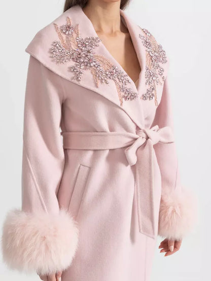 Crystal-Embellished Belted Wool Coat with Fur Cuffs in Pink - Coats