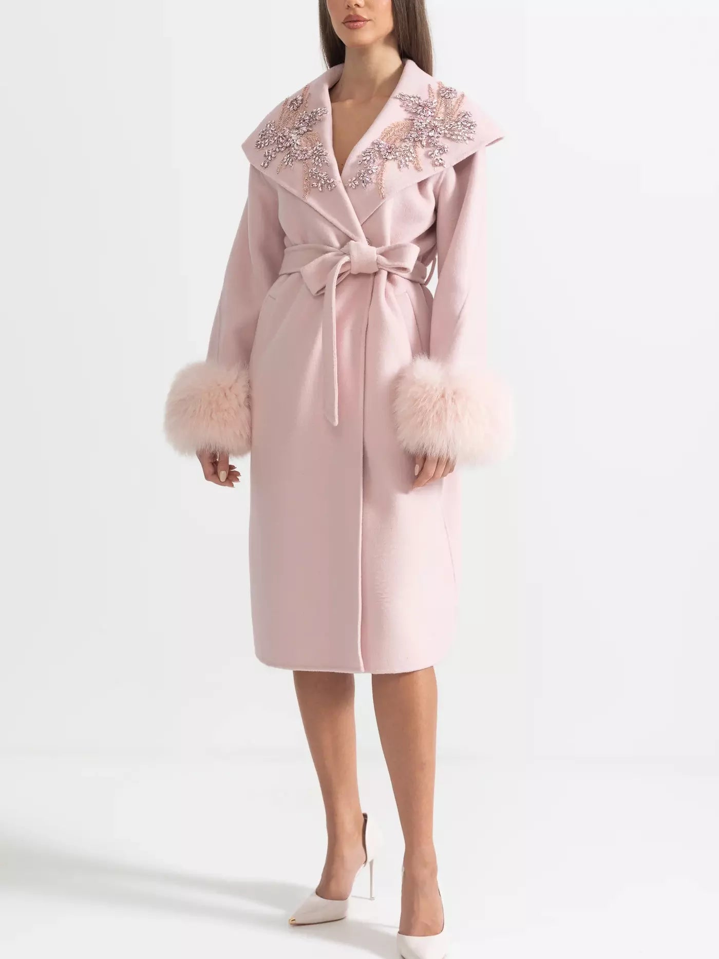 Crystal-Embellished Belted Wool Coat with Fur Cuffs in Pink - Coats