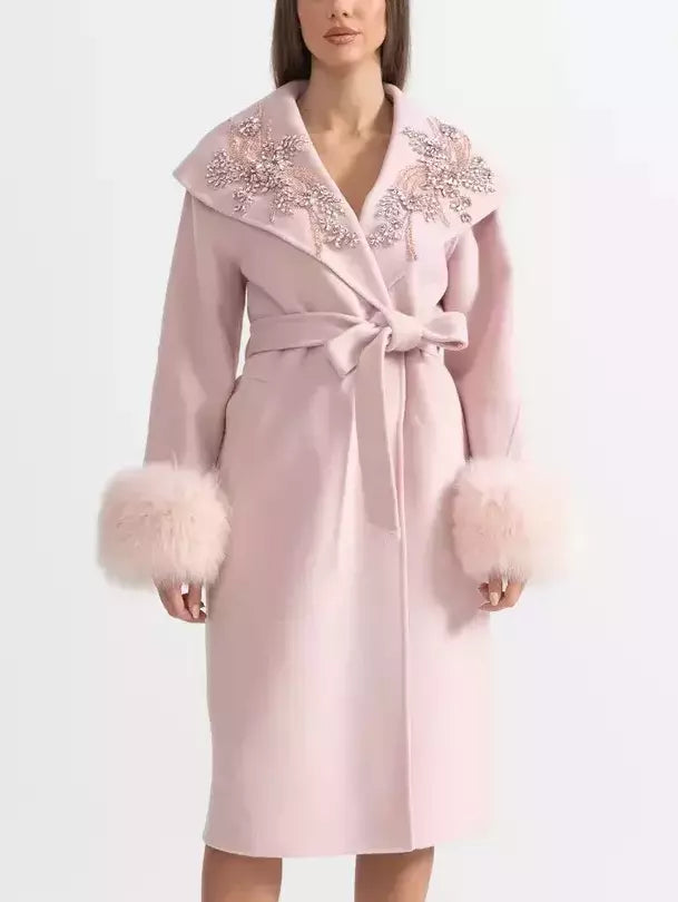 Crystal-Embellished Belted Wool Coat with Fur Cuffs in Pink - Coats