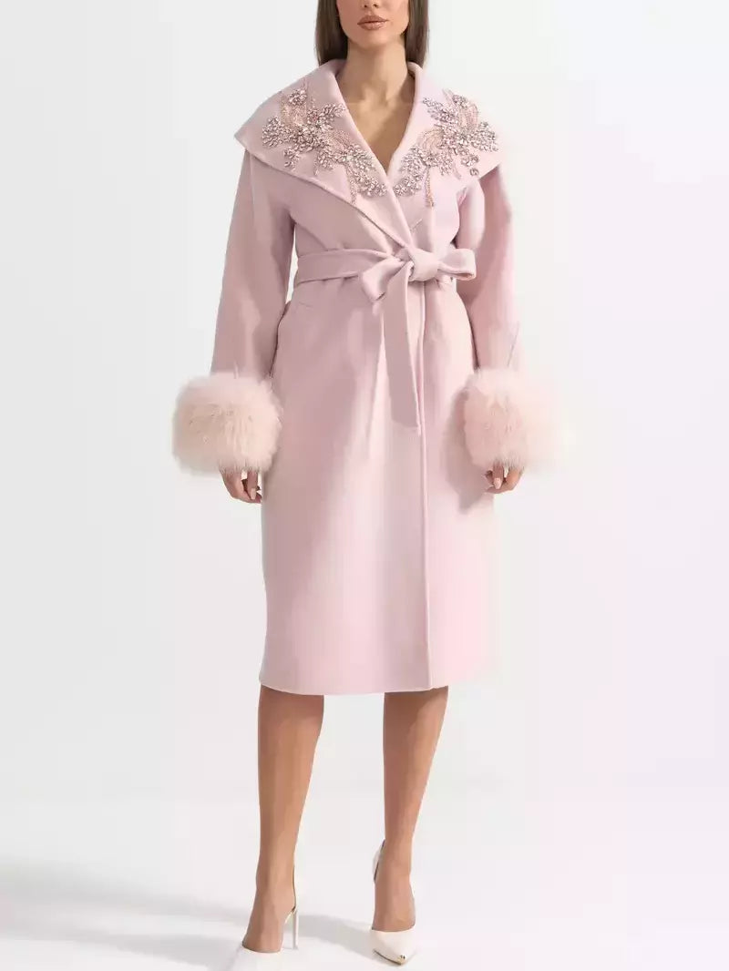 Crystal-Embellished Belted Wool Coat with Fur Cuffs in Pink - Coats
