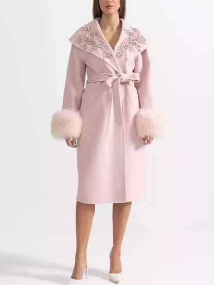 Crystal-Embellished Belted Wool Coat with Fur Cuffs in Pink - Coats
