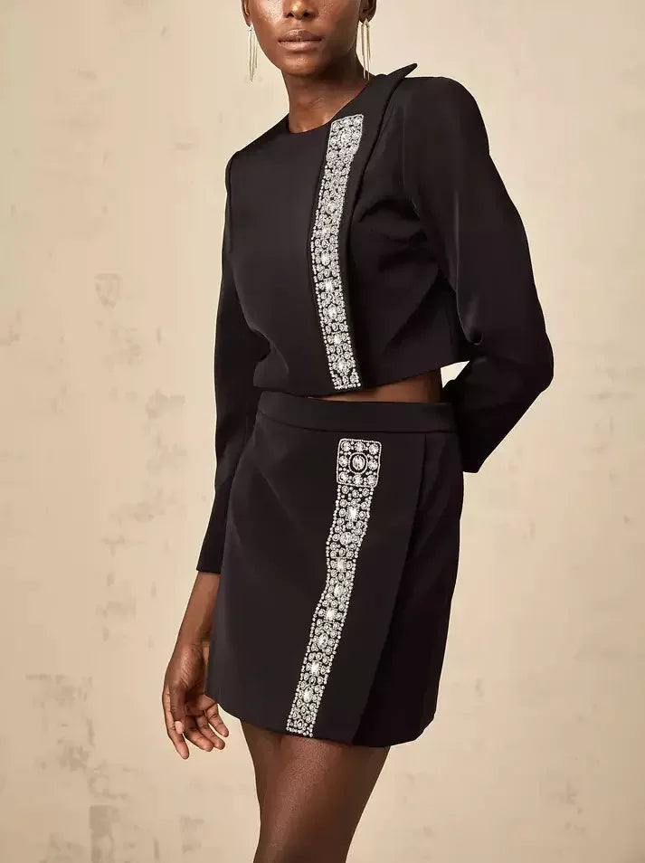 Crystal-Embellished Black Crop Top and Mini Skirt Set - Suits & Sets