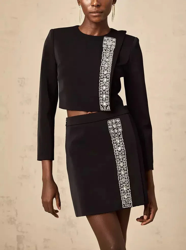 Crystal-Embellished Black Crop Top and Mini Skirt Set - Suits & Sets