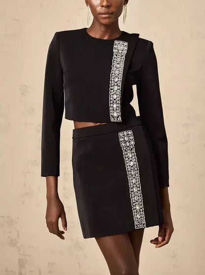Crystal-Embellished Black Crop Top and Mini Skirt Set - Suits & Sets