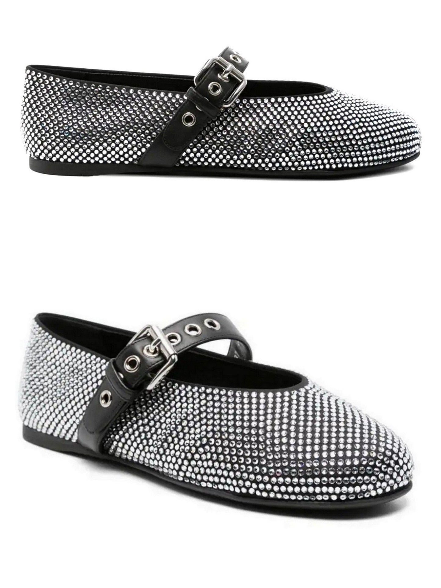 Crystal-Embellished Black Leather Ballerina Flats - Footwear