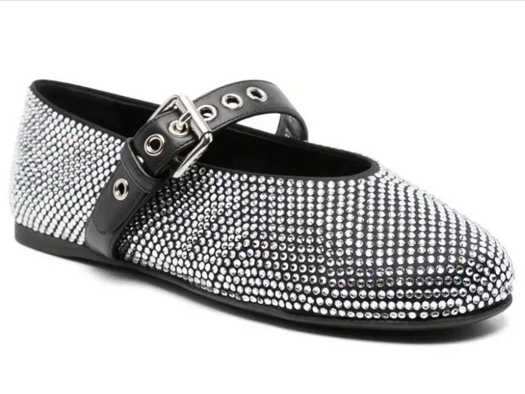 Crystal-Embellished Black Leather Ballerina Flats - Footwear