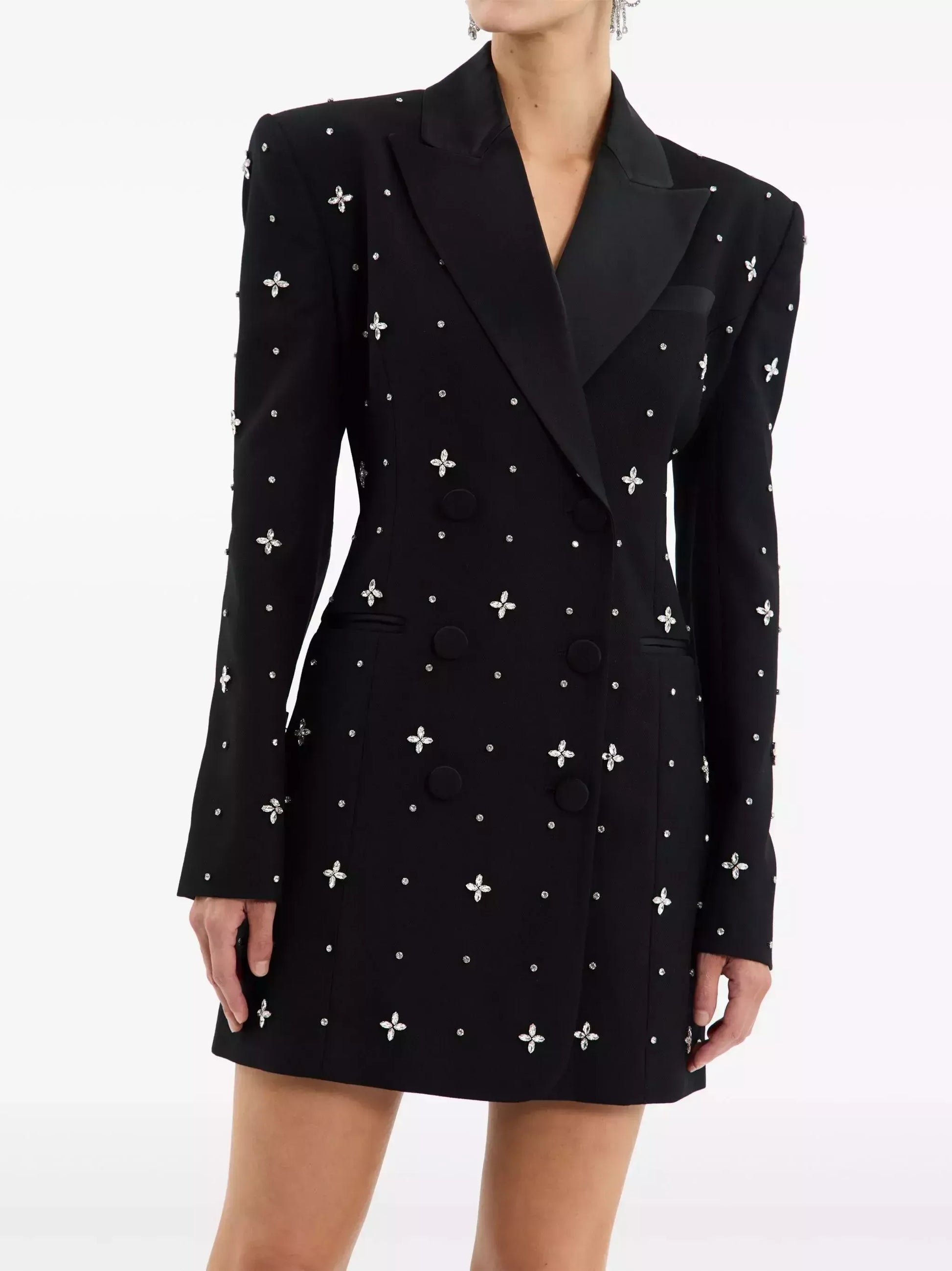 Crystal-Embellished Black Satin-Collar Long Blazer - Jackets