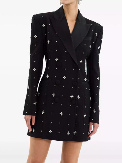 Crystal-Embellished Black Satin-Collar Long Blazer - Jackets