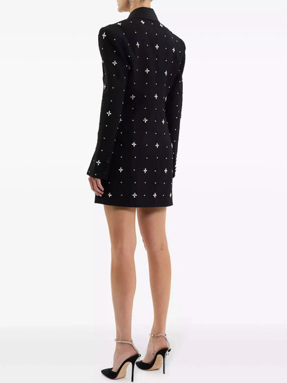 Crystal-Embellished Black Satin-Collar Long Blazer - Jackets