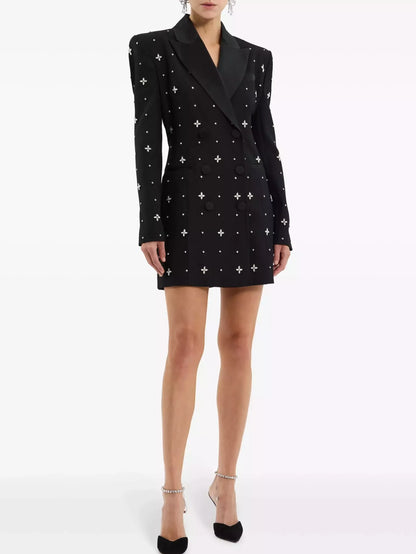 Crystal-Embellished Black Satin-Collar Long Blazer - Jackets