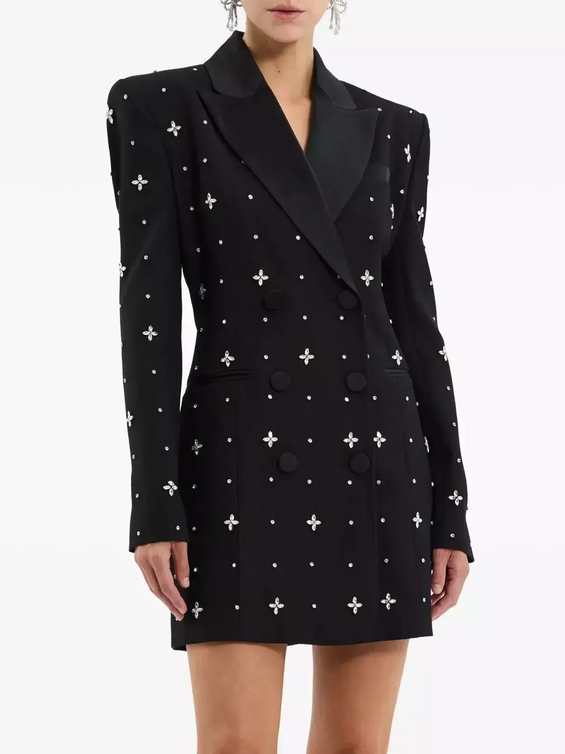 Crystal-Embellished Black Satin-Collar Long Blazer - Jackets