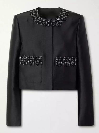 Crystal-Embellished Black Taffeta Jacket - Jackets