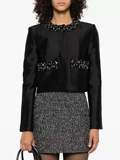 Crystal-Embellished Black Taffeta Jacket - Jackets