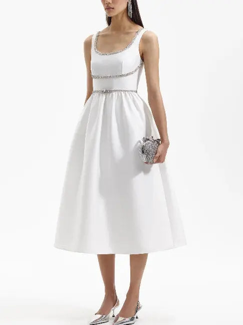 Crystal-Embellished Bow-Detail White Midi Dress - Dresses