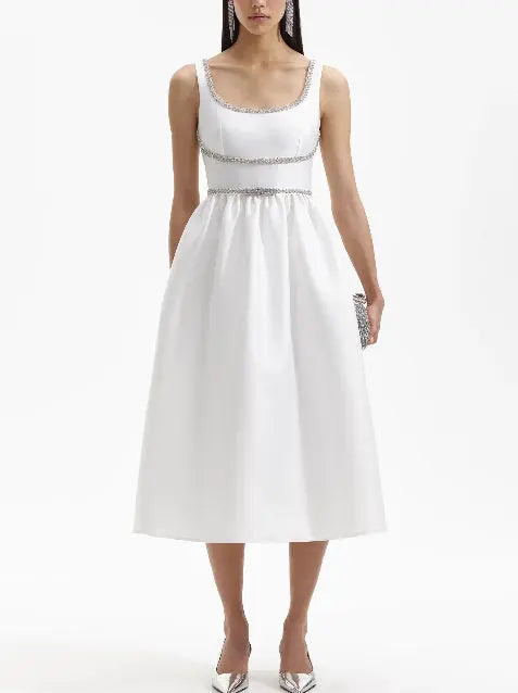 Crystal-Embellished Bow-Detail White Midi Dress - Dresses