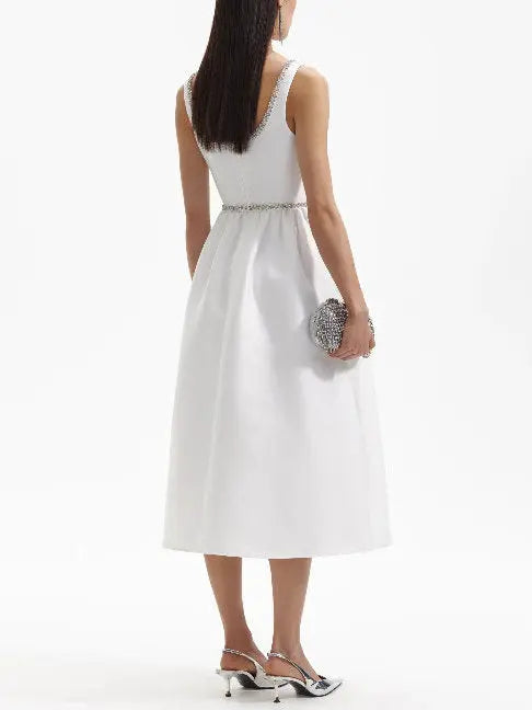 Crystal-Embellished Bow-Detail White Midi Dress - Dresses