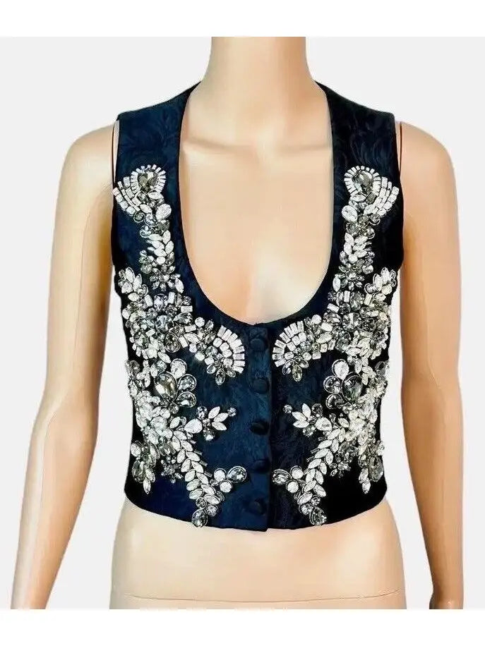 Crystal Embellished Button-Up Black Vest Crop Top - Tops