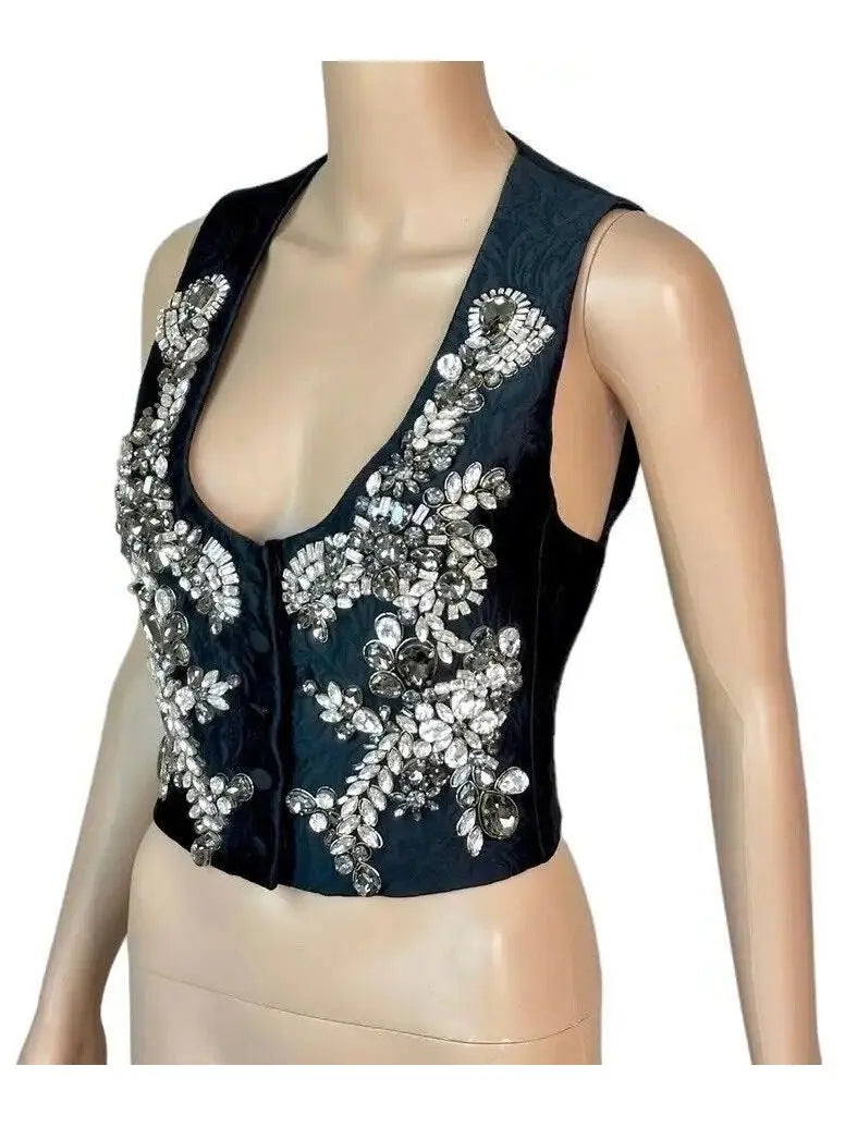 Crystal Embellished Button-Up Black Vest Crop Top - Tops