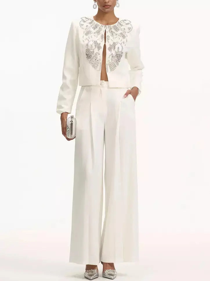 Crystal-Embellished Cropped Jacket and Pleated Pant Suit - Suits & Sets