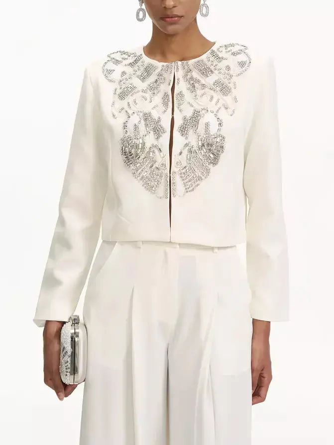 Crystal-Embellished Cropped Jacket and Pleated Pant Suit - Suits & Sets