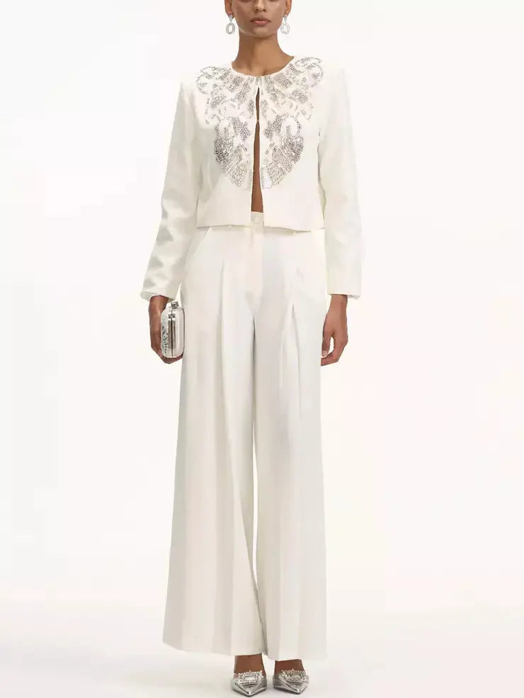 Crystal-Embellished Cropped Jacket and Pleated Pant Suit - Suits & Sets