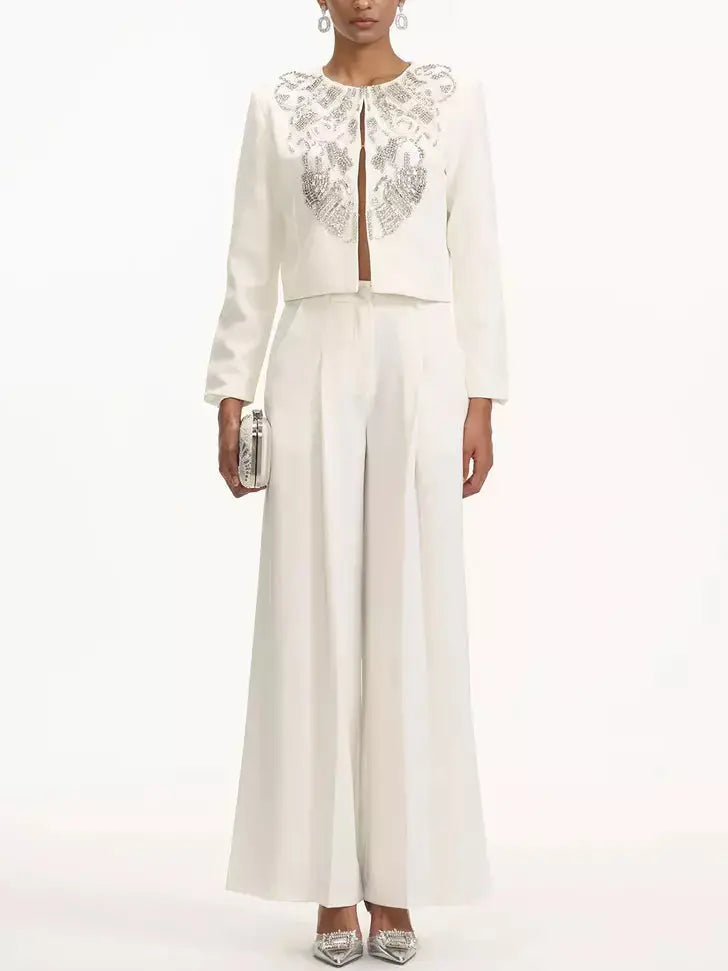 Crystal-Embellished Cropped Jacket and Pleated Pant Suit - Suits & Sets