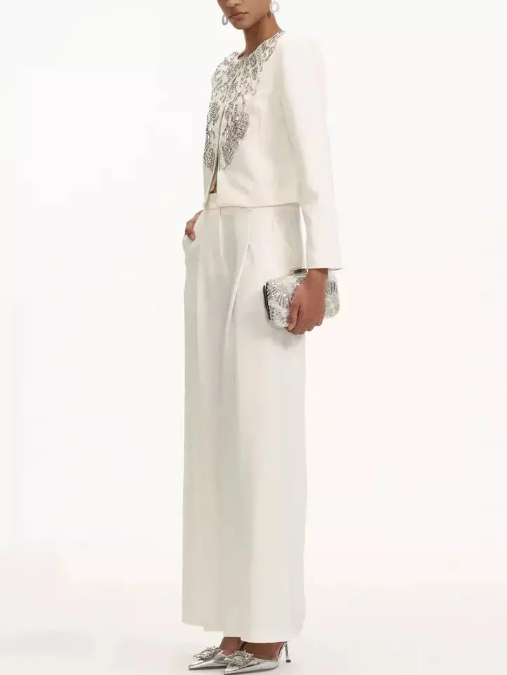 Crystal-Embellished Cropped Jacket and Pleated Pant Suit - Suits & Sets