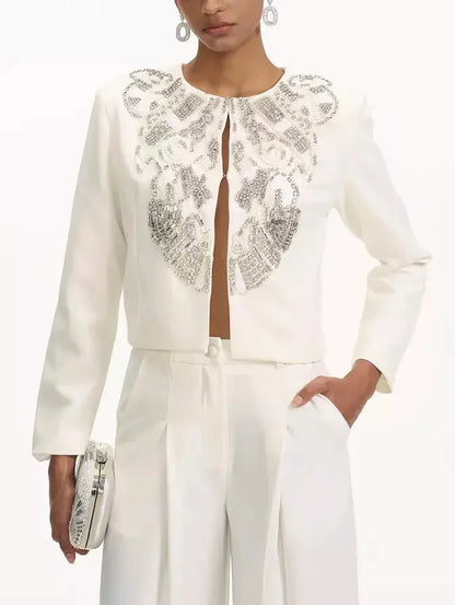 Crystal-Embellished Cropped Jacket and Pleated Pant Suit - Suits & Sets