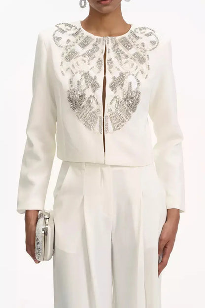 Crystal-Embellished Cropped Jacket and Pleated Pant Suit - Suits & Sets