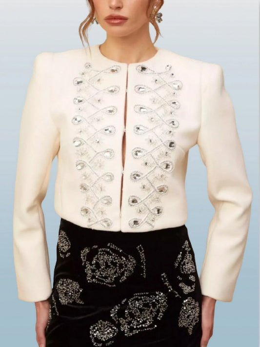 Crystal-Embellished Cropped Jacket - Small / White - Jackets