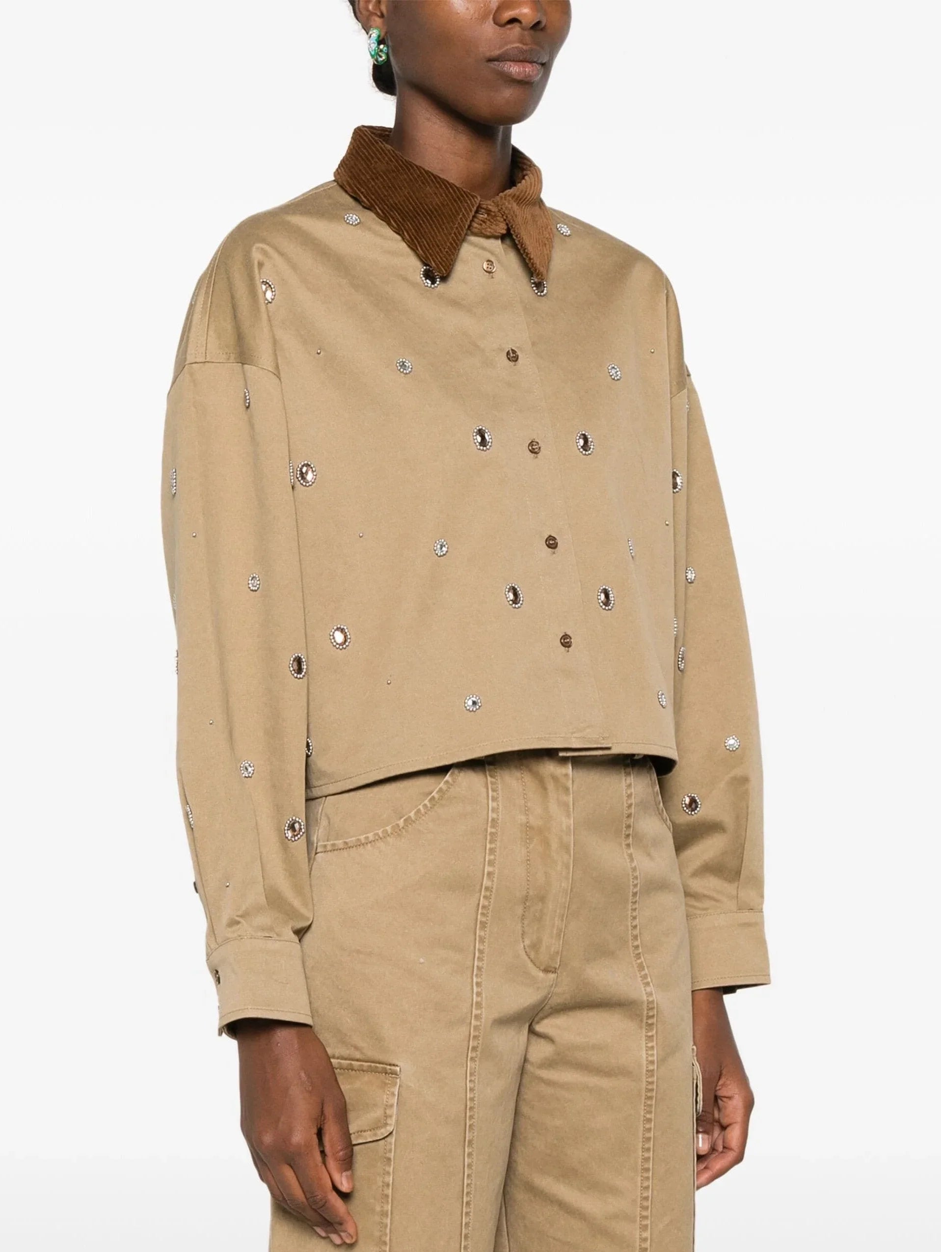 Crystal-Embellished Cropped Shirt with Corduroy Collar - Tops