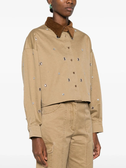 Crystal-Embellished Cropped Shirt with Corduroy Collar - Tops