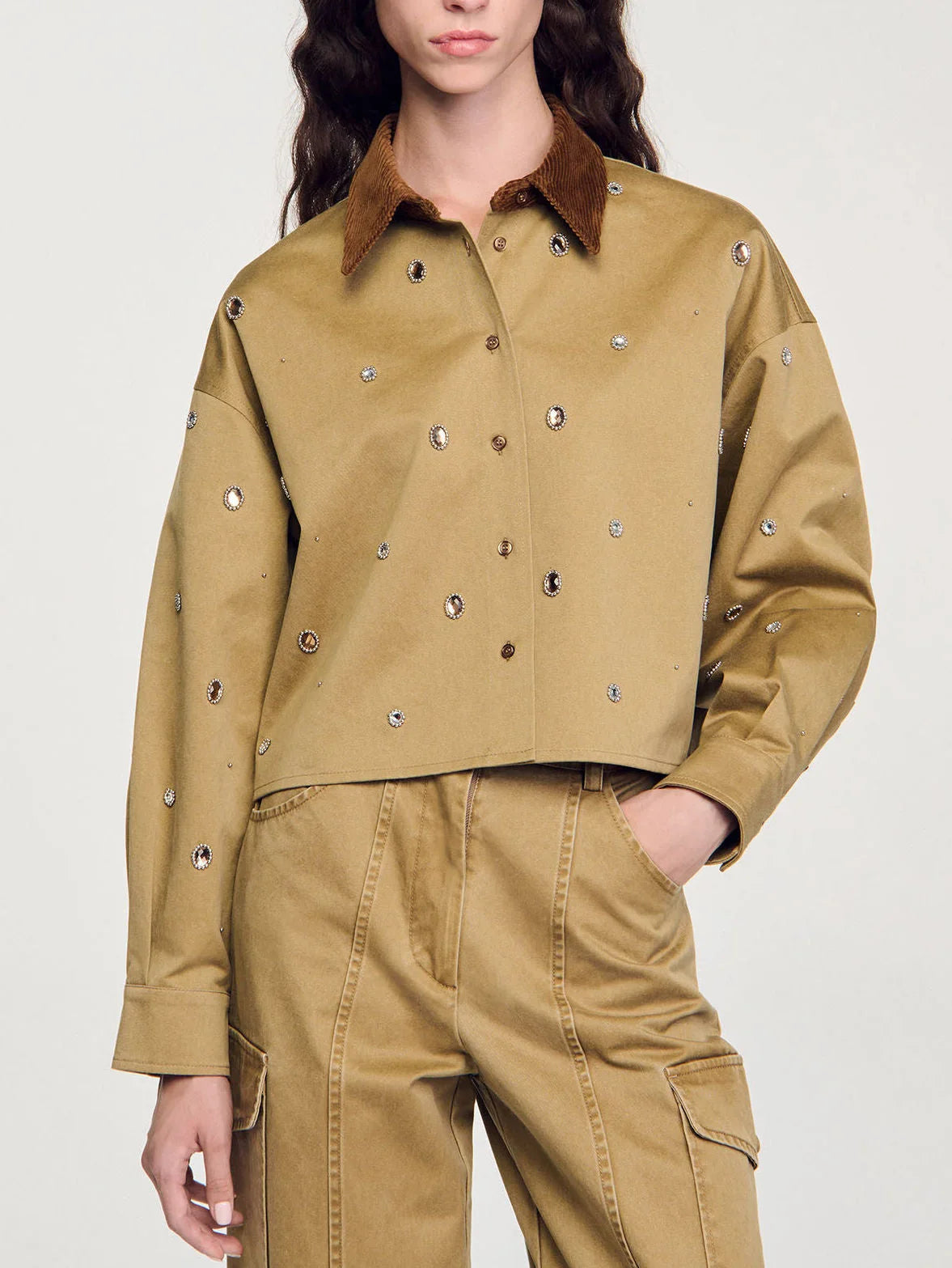 Crystal-Embellished Cropped Shirt with Corduroy Collar - Tops