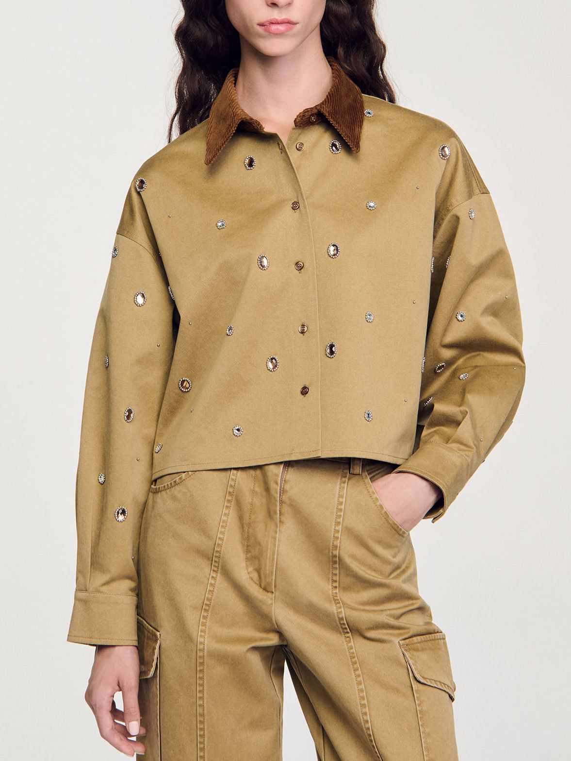 Crystal-Embellished Cropped Shirt with Corduroy Collar - Tops