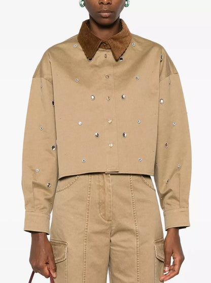 Crystal-Embellished Cropped Shirt with Corduroy Collar - Tops