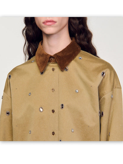 Crystal-Embellished Cropped Shirt with Corduroy Collar - Tops