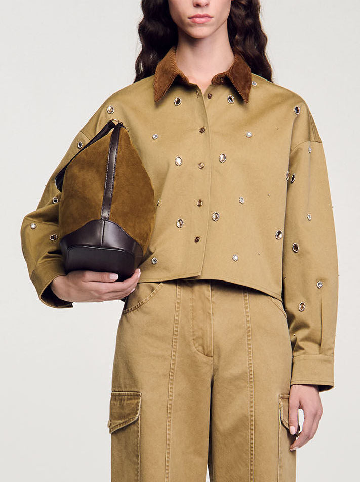 Crystal-Embellished Cropped Shirt with Corduroy Collar - Tops