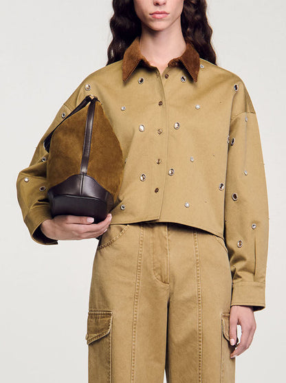 Crystal-Embellished Cropped Shirt with Corduroy Collar - Tops