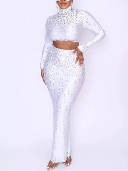 Crystal-Embellished Cropped Top and Skirt Set in Black or White - Suits & Sets