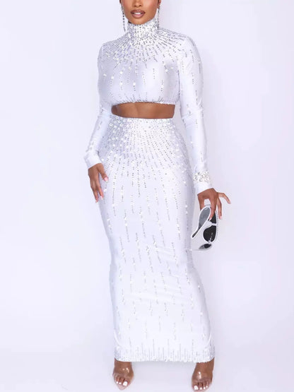 Crystal-Embellished Cropped Top and Skirt Set in Black or White - Suits & Sets