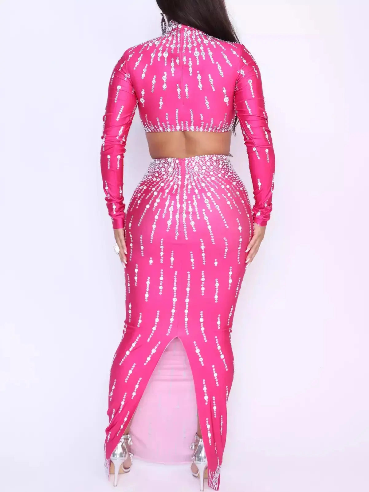 Crystal-Embellished Cropped Top and Skirt Set in Fuchsia Pink - Suits & Sets