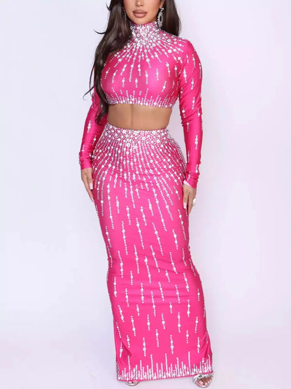 Crystal-Embellished Cropped Top and Skirt Set in Fuchsia Pink - Suits & Sets