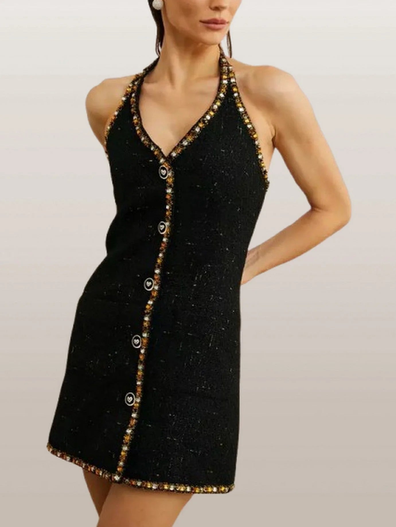 Crystal-Embellished Cropped Tweed Jacket and Dress Set - Suits & Sets
