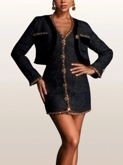 Crystal-Embellished Cropped Tweed Jacket and Dress Set - Suits & Sets